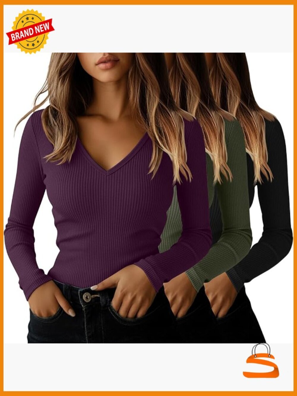 Long Sleeve V Neck T Shirts Cotton Ribbed Knit Layering Basic Tees 3 Pack